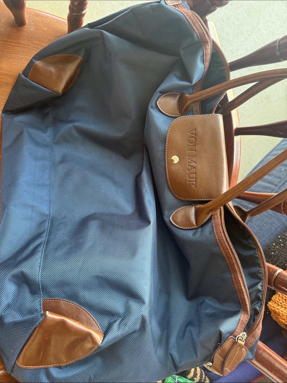 Von Maur Navy Duffel Bag with Brown Leather Trim